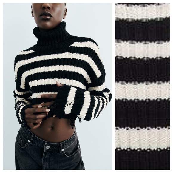 NWOT. Zara Black/White Striped Cropped Turtleneck Sweater. Size XS. - Picture 2 of 11